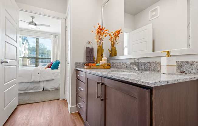 bathroom of an apartment at ironridge at hill country village