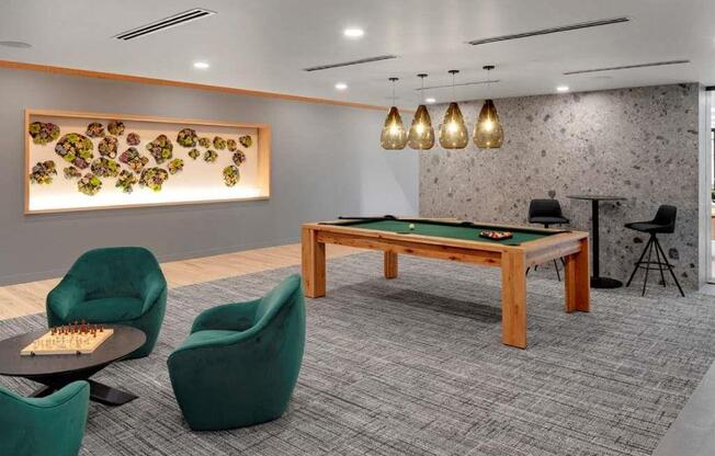 pool table with overhead lighting