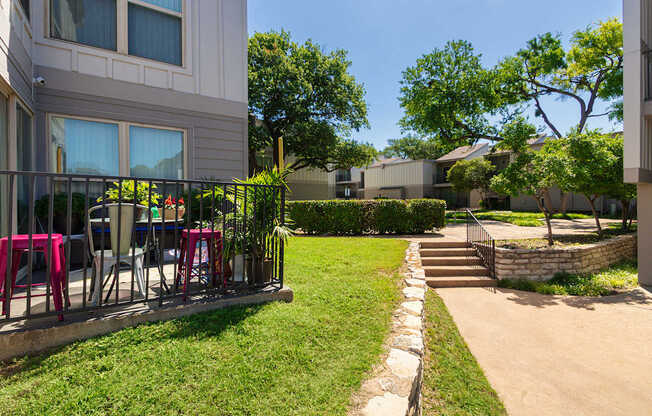 Building exteriors and grounds at The Biltmore Apartments located in the Vickery Midtown neighborhood of Dallas, TX.