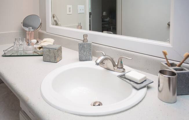 a bathroom with a sink and a mirror