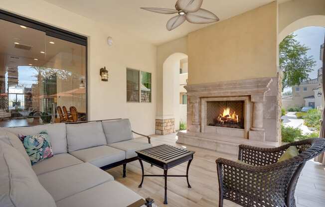 Outdoor Fireplace at Bella Victoria Apartments in Mesa Arizona January 2021