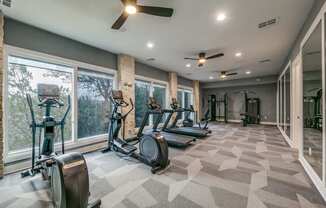 the gym has plenty of cardio equipment and large windows