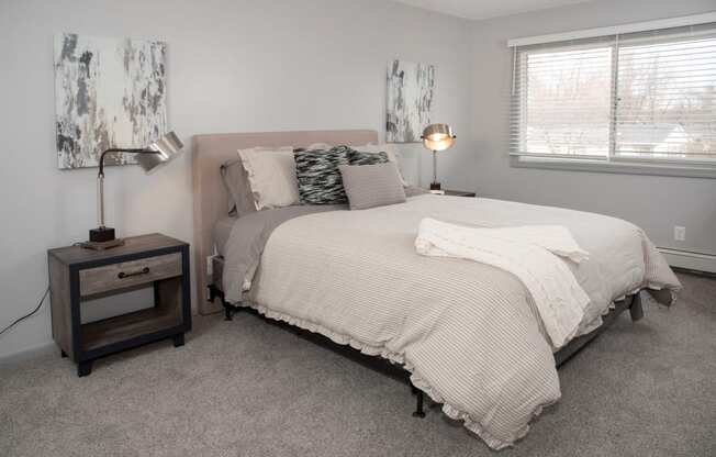 bedroom 2, bed set with night stand and large window