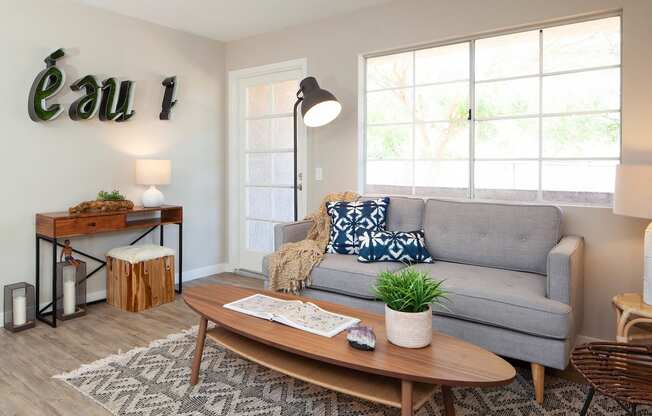 Living area with large windows at Driftwood, San Diego, California