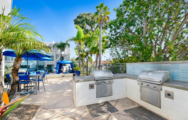 the backyard has an outdoor kitchen with stainless steel appliances and palm trees