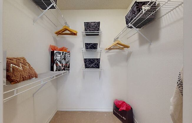 our spacious closets are equipped with shelves and baskets for your clothes