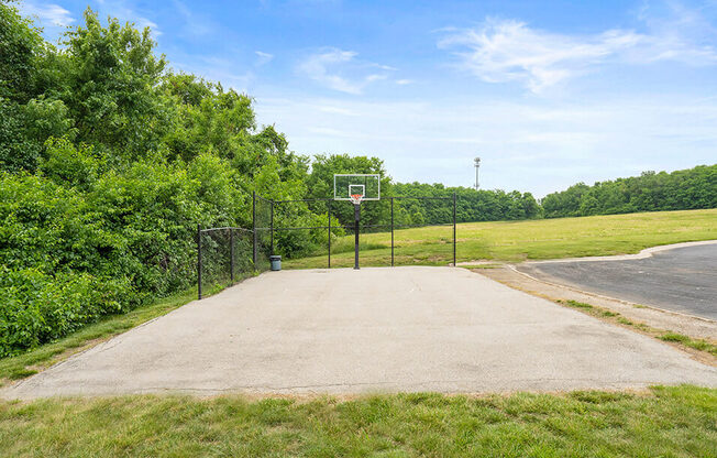 a basketball court in the middle of a field