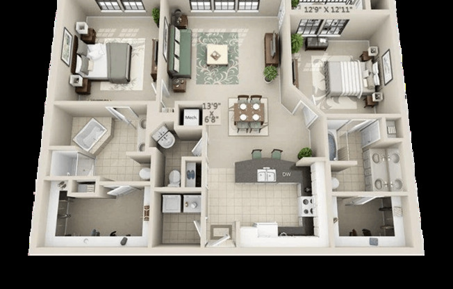 2 beds, 2 baths, 1,280 sqft, $1,749