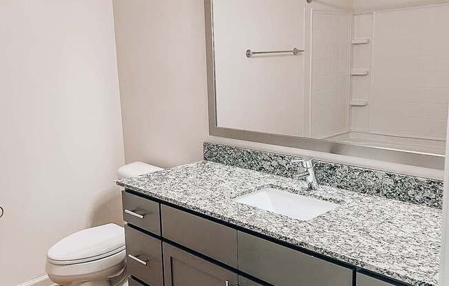 A bathroom with a toilet, sink and mirror.at Evolve at Parkway Apartment Homes, Concord