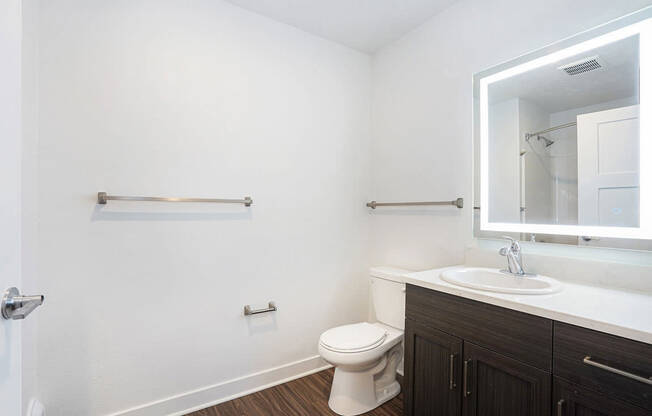 A bathroom with a sink, toilet and a mirror at Meadowbrooke Apartment Homes in Kentwood, MI 49512