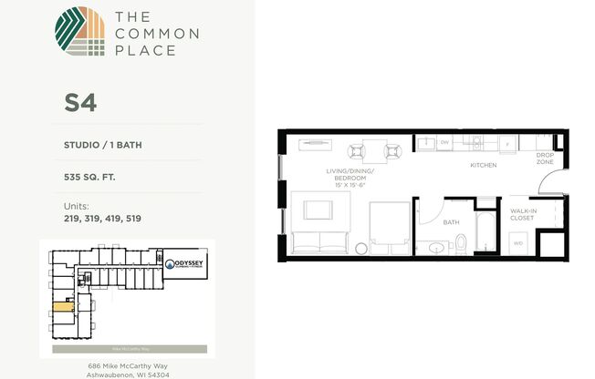 Studio, 1 bath, 530 sqft, $1,385, Unit 319