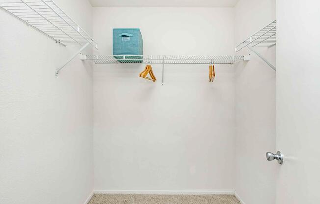 Empty closet with white walls and carpeted floor. Two wire shelving units are mounted on the walls, one with a blue storage box and a pair of yellow hangers. The space appears clean and organized, offering ample storage potential.