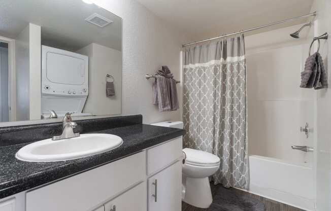 a bathroom with a sink and a toilet and a shower