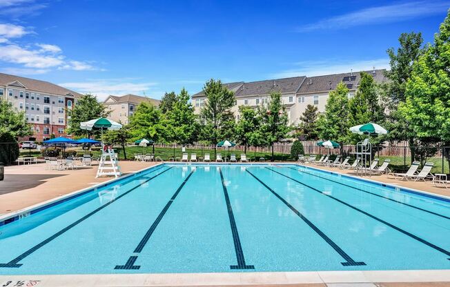 a swimming pool with trees and a building in the background