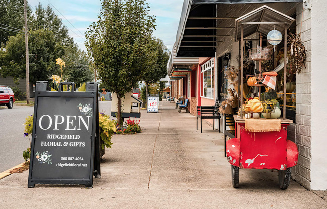 A flower shop named Ridgefield Floral & Gifts is open for business.
