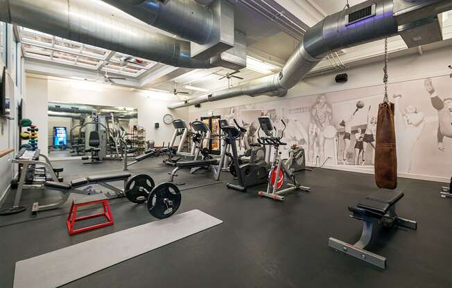 a gym with weights and exercise equipment and a wall with a mural of a gym