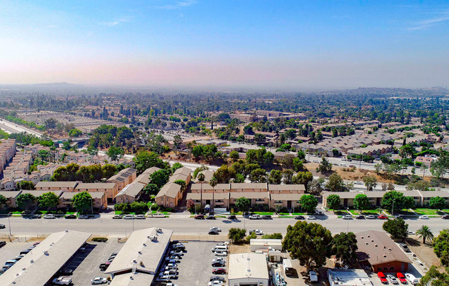 Aerial drone view of Olive View Gardens and the surrounding San Fernando Valley.