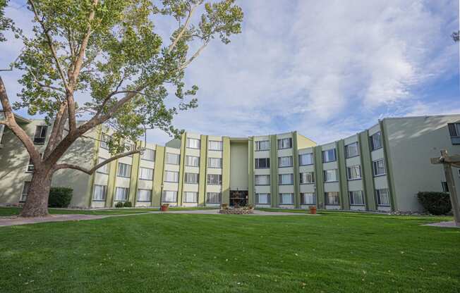 a building with green grass and a tree in front of it