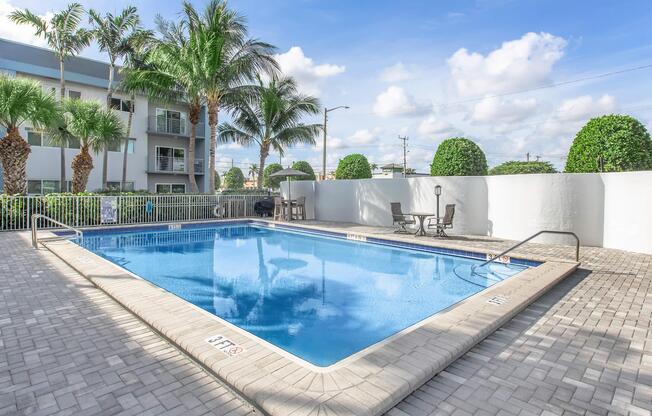 a pool next to a building