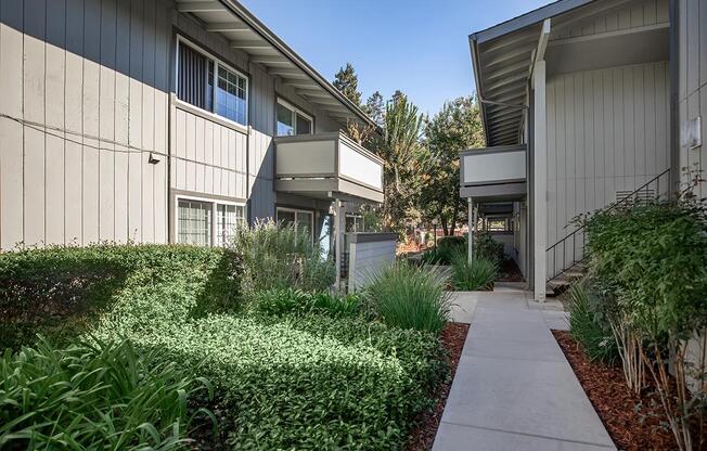 a house with bushes in front of a building