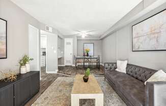 A living room with a grey couch and a coffee table.