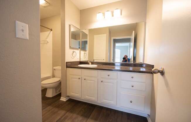 View of guest bathroom with vanity, large mirror, white cabinets, and medicine cabinet