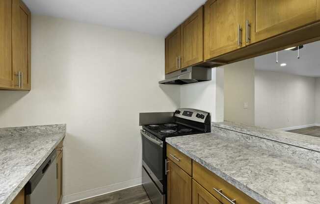 Kitchen with Granite Countertops and Wooden Cabinets at Park 210 Apartment Homes, Washington, 98026