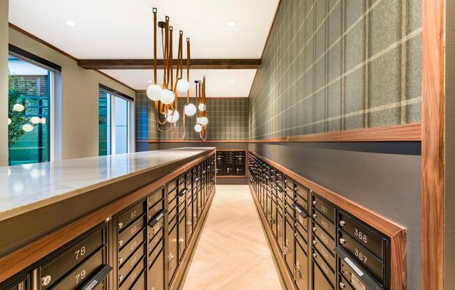 The secure package and mail center features resident mailboxes, dedicated parcel storage, and a thoughtfully designed layout that streamlines package pickup and everyday convenience.