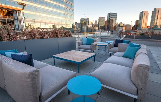 Ample social seating with views of Seattle