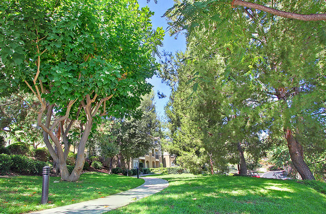 Apartments For Rent In Escondido, CA - Outdoor Trail Along Apartment Complex With Curved Pathway, Trees, And Manicured Lawn