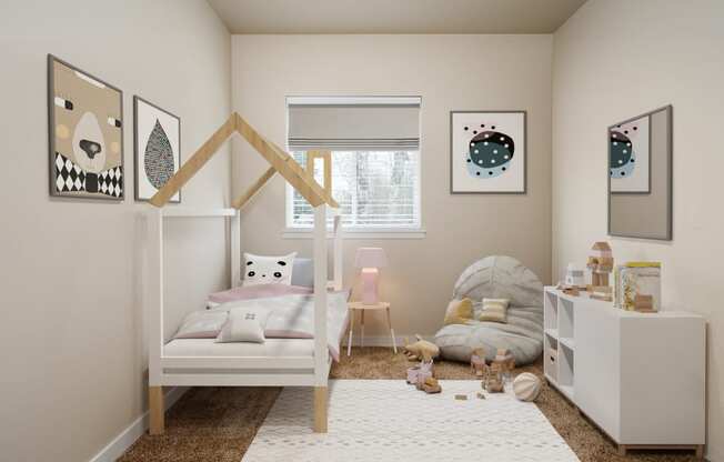 a childrens bedroom with a bunk bed and a play area with toys and pictures