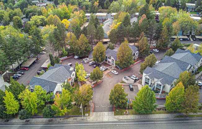 an aerial view of a neighborhood with trees and cars parked in the parking lot