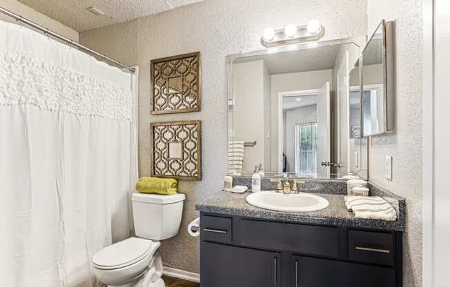 Modern bathroom with sleek fixtures at Laurels of Sendera apartments in Arlington, TX