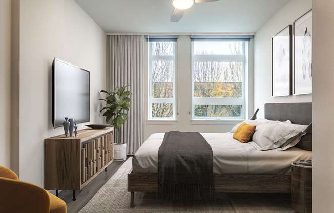 A bedroom with a bed, a chair, a TV, and a plant.