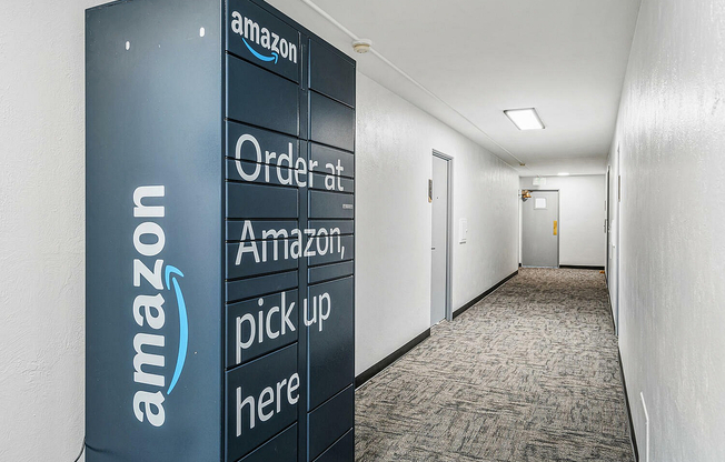 Modern apartment hallway featuring a convenient Amazon locker for secure and easy package pickup.