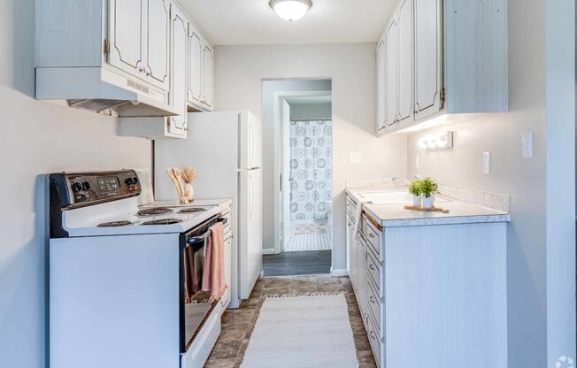 a small kitchen with a stove and a refrigerator