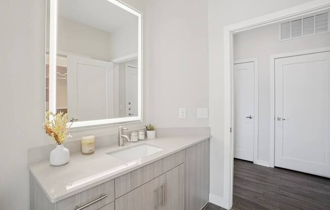 A bathroom with a white sink and a large mirror.