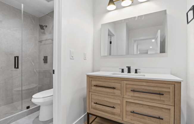 a bathroom with a toilet sink and mirror and a shower