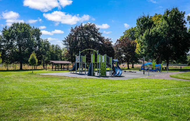 A playground with a green slide and a blue slide.