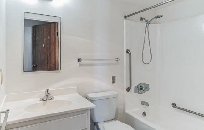 a bathroom with a toilet sink and shower and a mirror