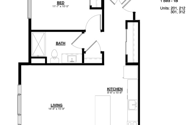 1 bed, 1 bath, 701 sqft, $1,350, Unit 201