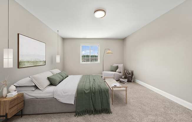 Model Bedroom with Carpet and Window View at Heights at Marlborough Apartments located in Marlborough, MA.