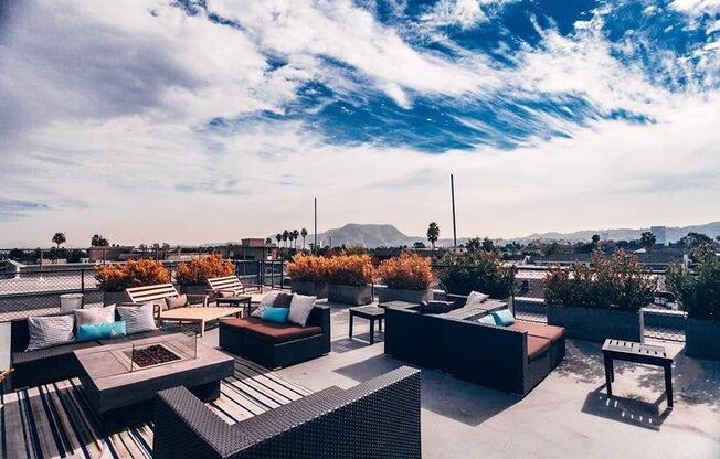 The Studios Noho in North Hollywood, California Rooftop Patio with Seating and Beautiful Views