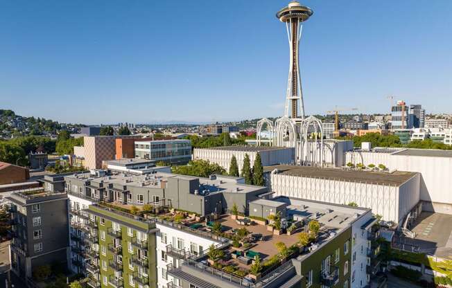 a view of the space needle from the top of a building in seattle at Axis, Washington, 98109