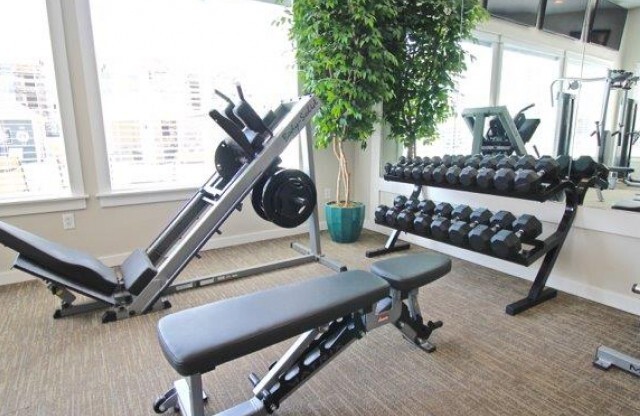 Fitness center free weights, leg press, and bench