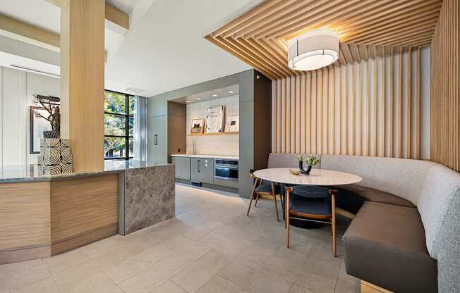 Private dining nook with built-in banquette seating, ideal for intimate dinners or catered events