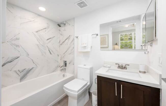 a bathroom with a tub sink toilet and a mirror