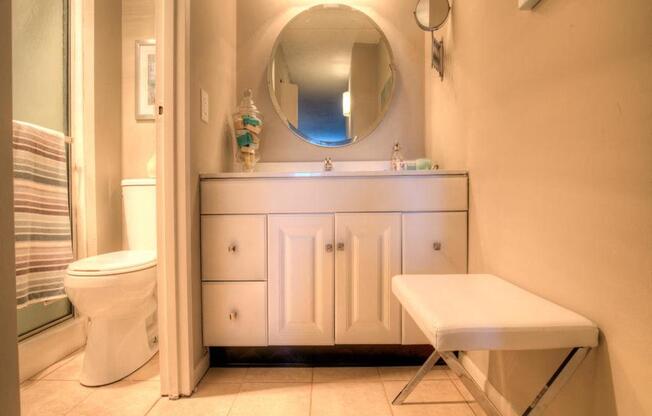 Cabinet storage is abundant in every bathroom.