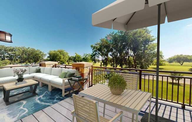 A patio with a white umbrella and a table with chairs.