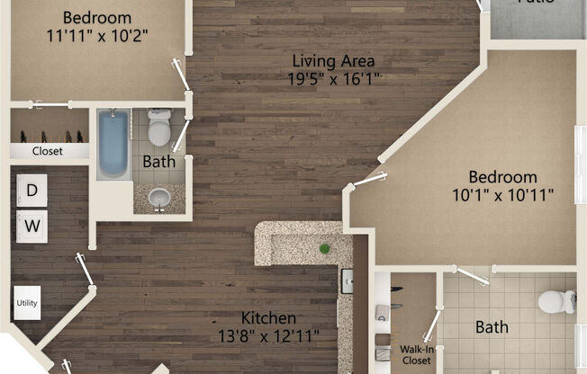 2 beds, 2 baths, 1,127 sqft, $1,561